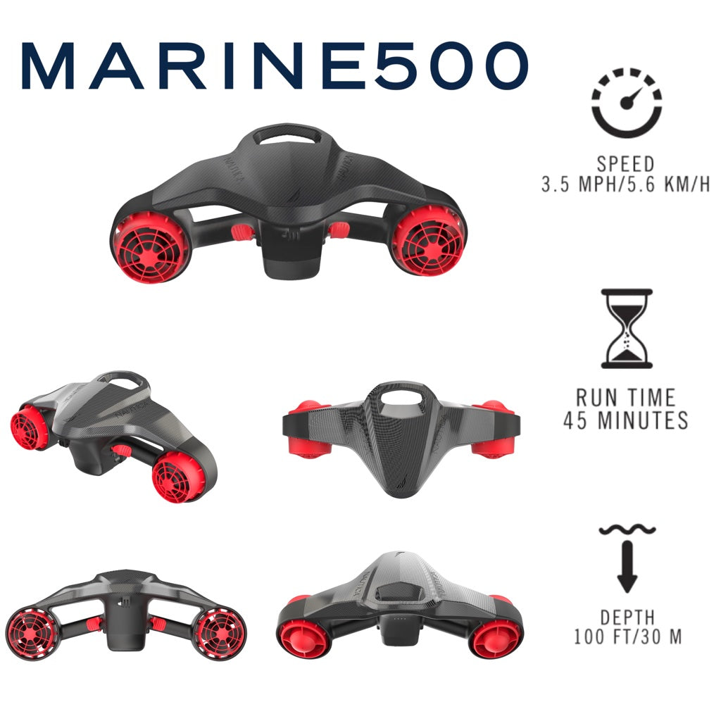 Nautica Marine 500 Carbon Seascooter is displayed showing it's Grey and Black frame with red fans.