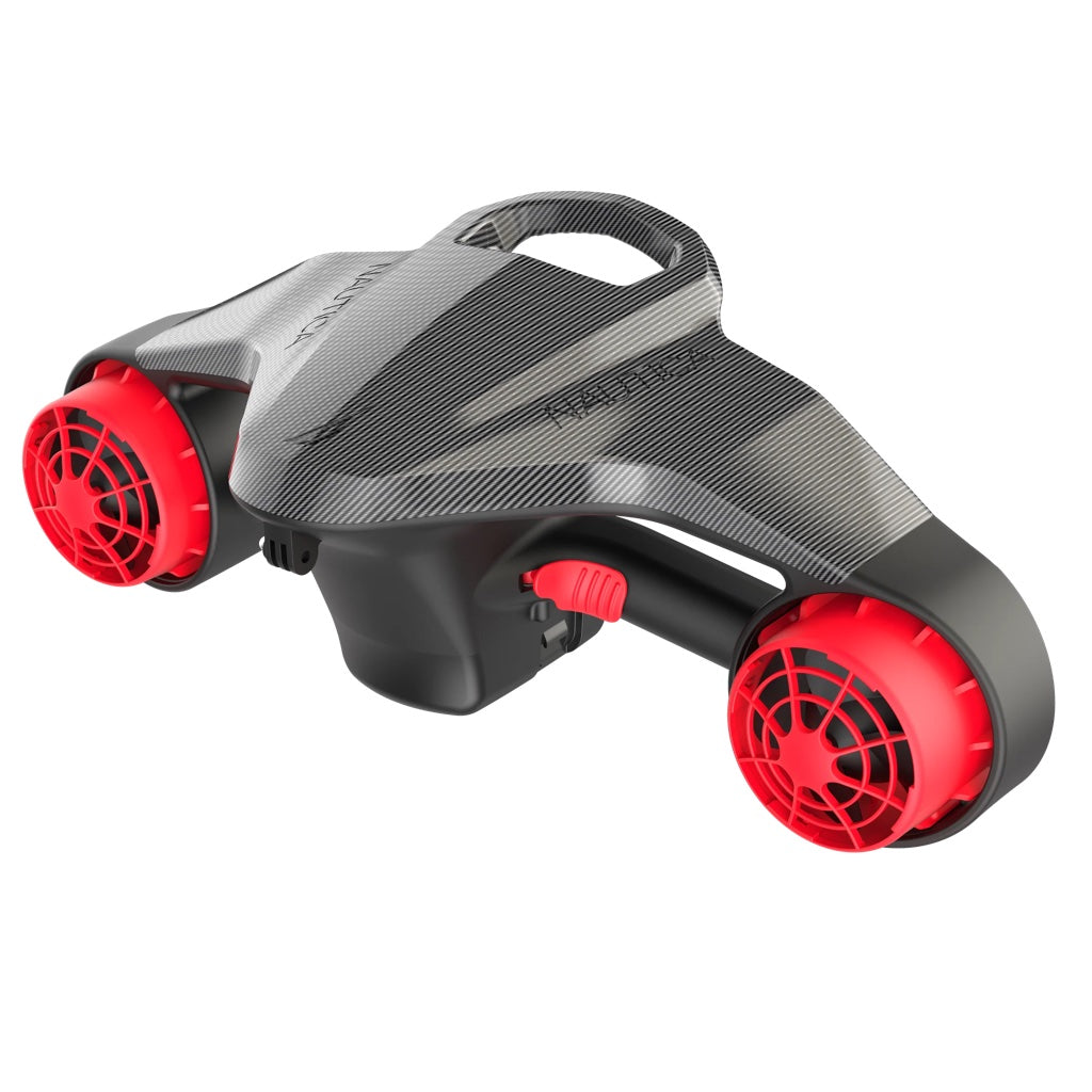 Nautica Marine 500 Carbon Seascooter is displayed showing it's Grey and Black frame with red fans.