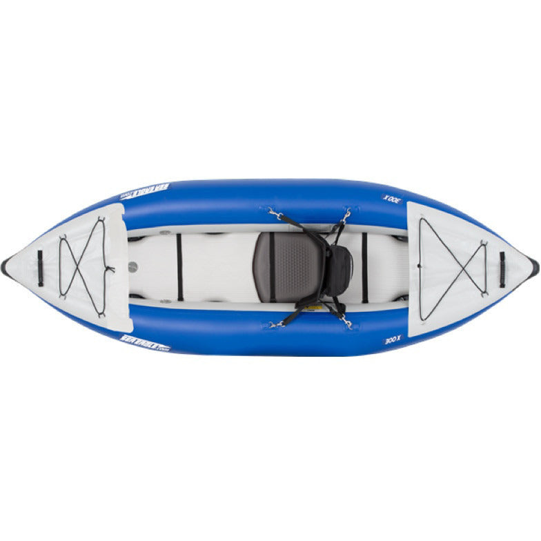 Blue and Grey Sea Eagle Explorer 300X Solo Inflatable Kayak top and side display view with the bag and pump sitting next to the Sea Eagle inflatable kayak. 
