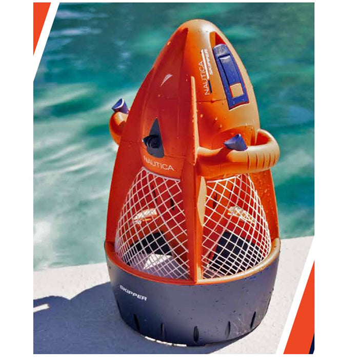 Nautica Skipper Sea Scooter with an orange body and blue bottom. It has a white propeller.