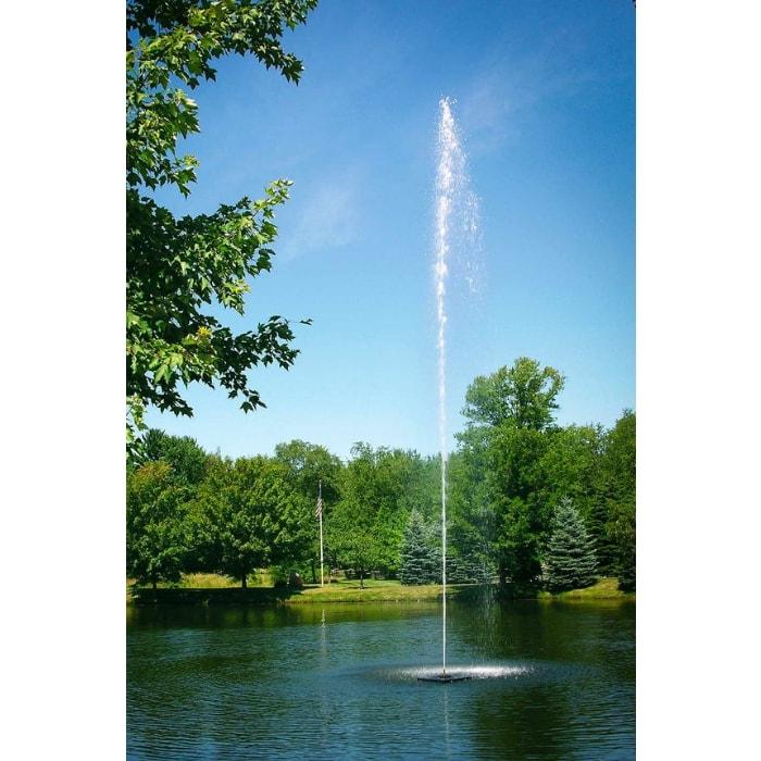 Scott Aerator Jet Stream 3 HP Pond Fountain sprays a beautiful 80ft columnar spray into the air from the middle of a pond.  It is fall and beautiful against the changing colors.