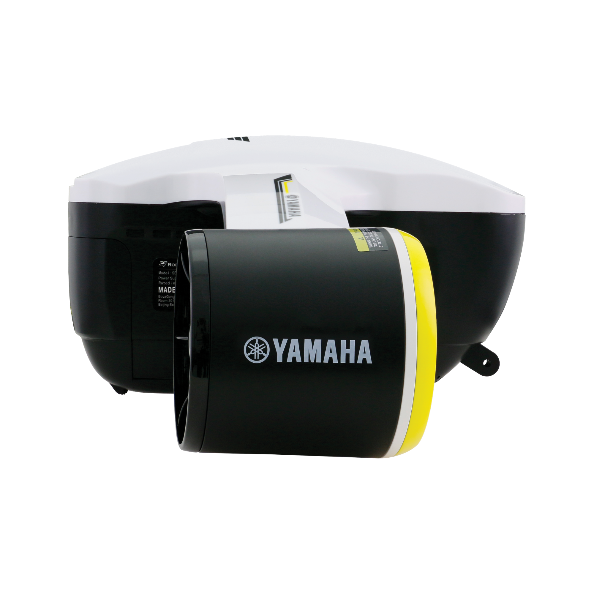side view of the Yamaha SeaWing 2 Sea Scooter. We see mostly black with white and yellow highlights. Yamaha Sea Scooters is written on the side.