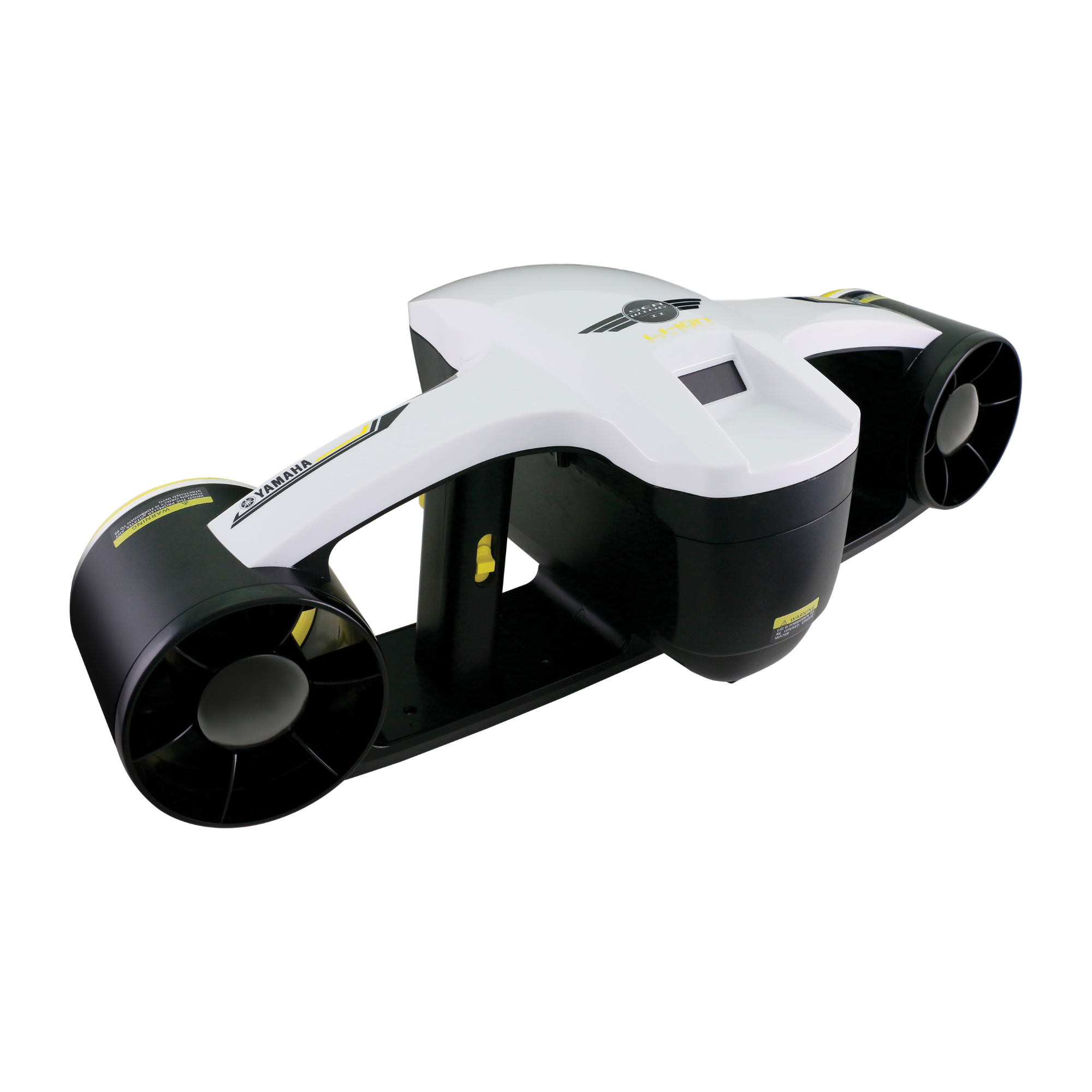 Front and top view of the Yamaha SeaWing2 Sea Scooter witht he white/black/yellow color scheme