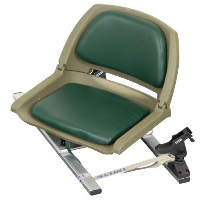 Sea Eagle Swivel Seat Fishing Rig - Grey seat upright with black rod holders and grey frame. SSFR