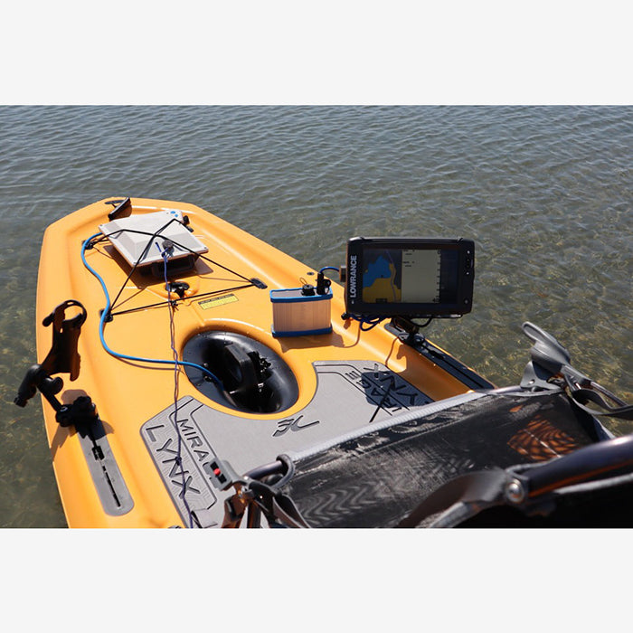 Low Profile - ThruHull Pedal Drive Adapter attached to the J-2 motor on a yellow kayak on the lake.